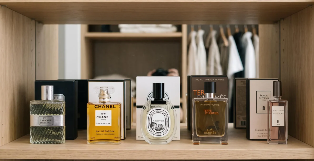 Étagère en bois clair dans un dressing fermé avec plusieurs flacons de parfum rangés, certains dans leurs boîtes d'origine, éclairage indirect doux sans lumière directe