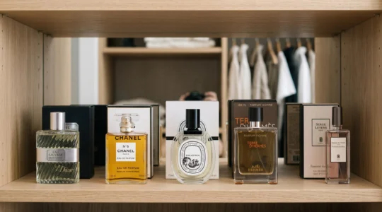 Étagère en bois clair dans un dressing fermé avec plusieurs flacons de parfum rangés, certains dans leurs boîtes d'origine, éclairage indirect doux sans lumière directe