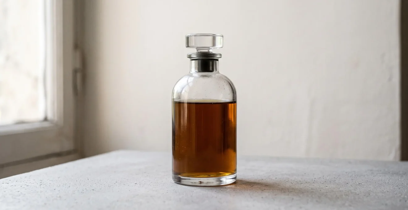 Gros plan d'un flacon de parfum en verre transparent avec un liquide ambré légèrement assombri, posé sur une surface neutre avec éclairage naturel latéral
