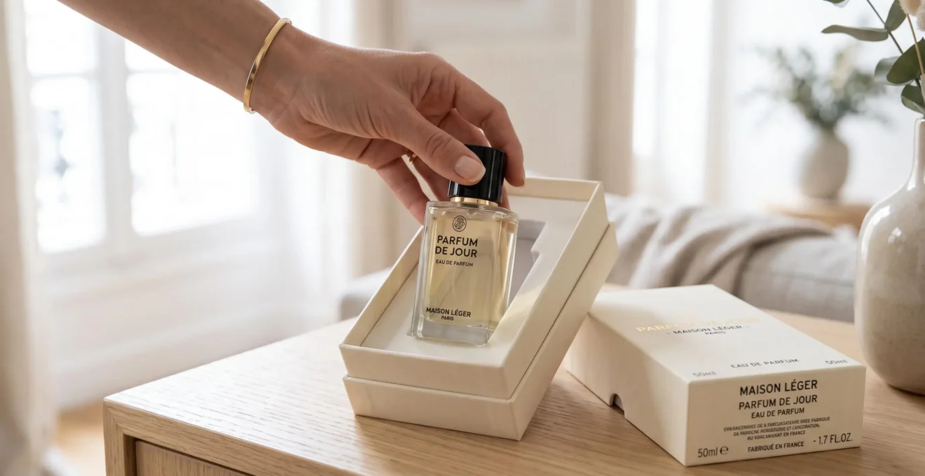 Main d'une femme plaçant un flacon de parfum dans sa boîte d'origine crème sur une surface en bois clair, geste délicat et attentif, éclairage naturel doux